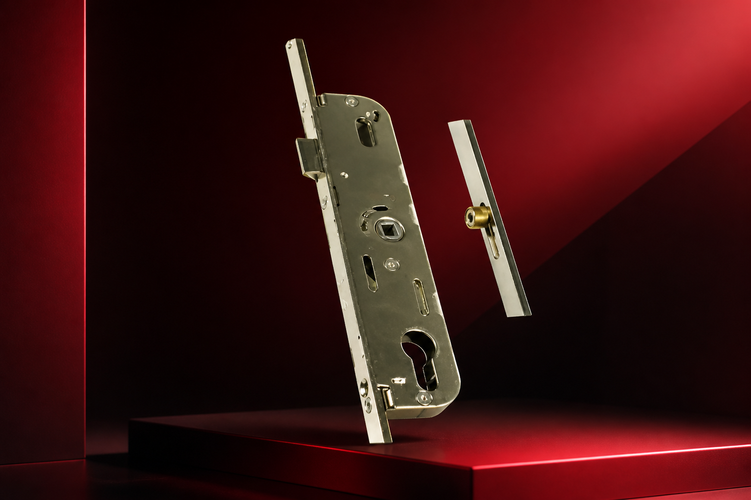 Multipoint lock mechanism on a red and black background
