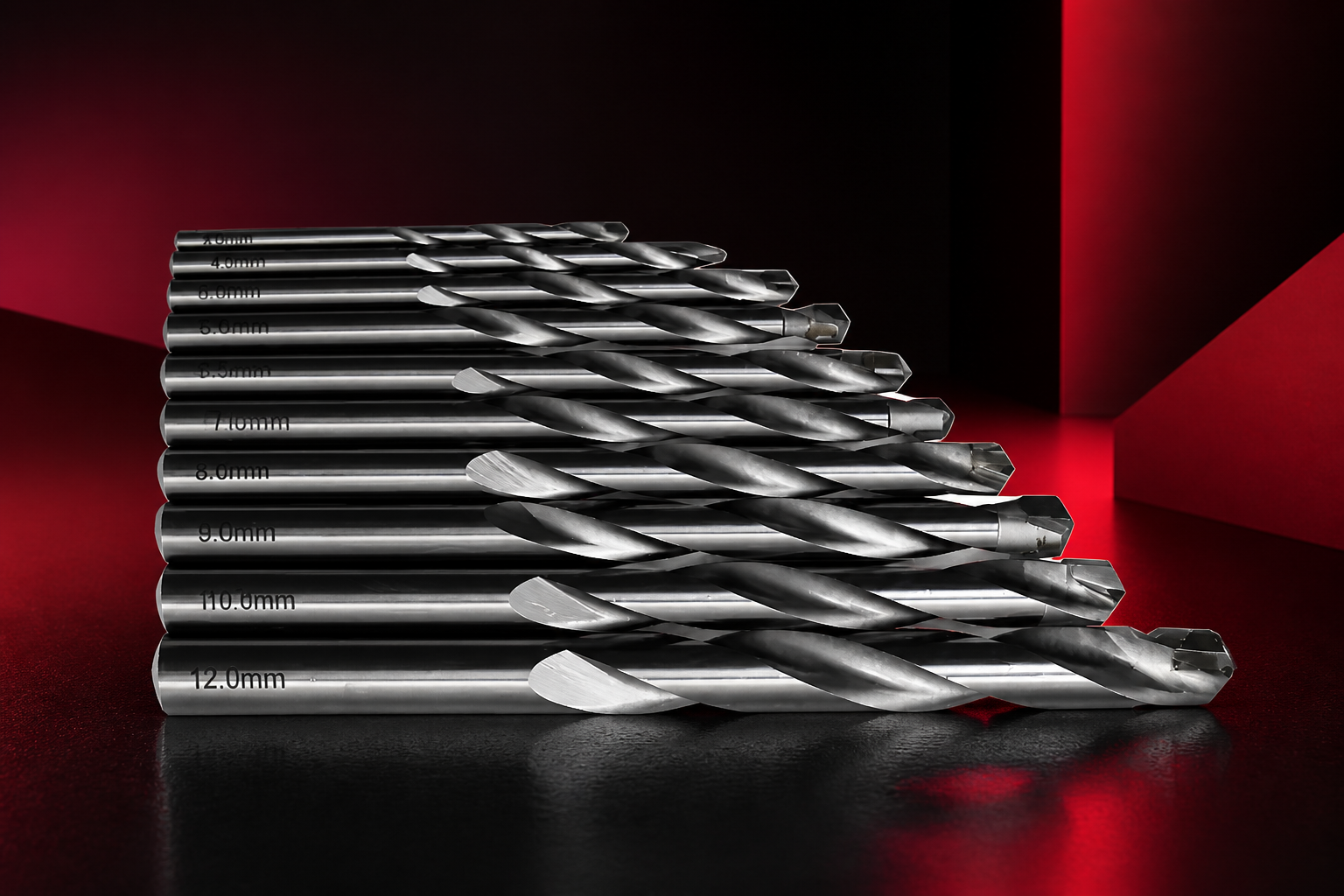Trade drill bits on a red and black background